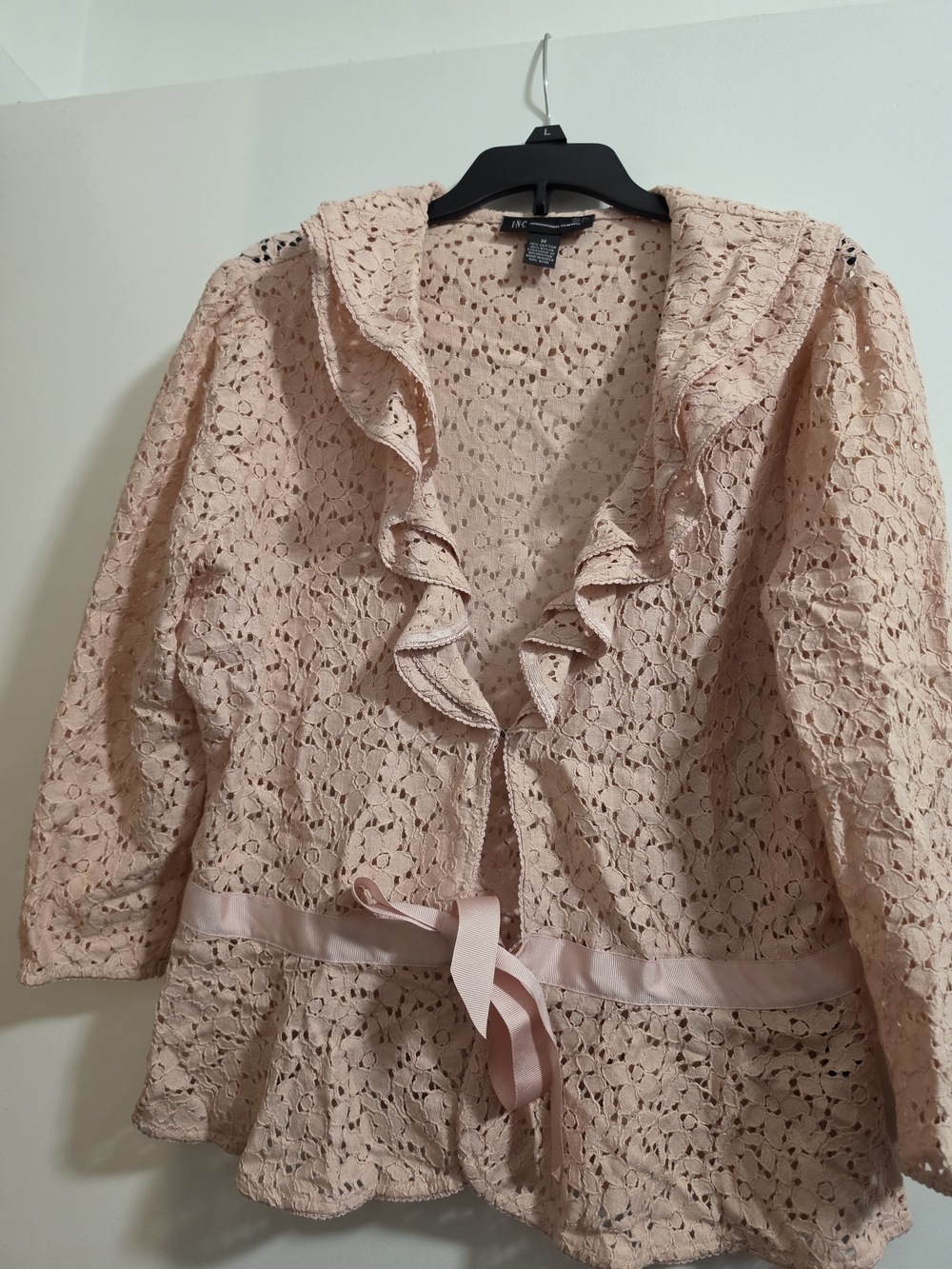 INC International Concepts Blush Pink Crochet Ruffle Jacket with Satin Tie